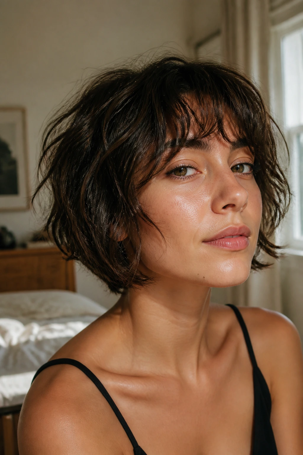 Close-up of a real woman with a refreshed shaggy Italian bob