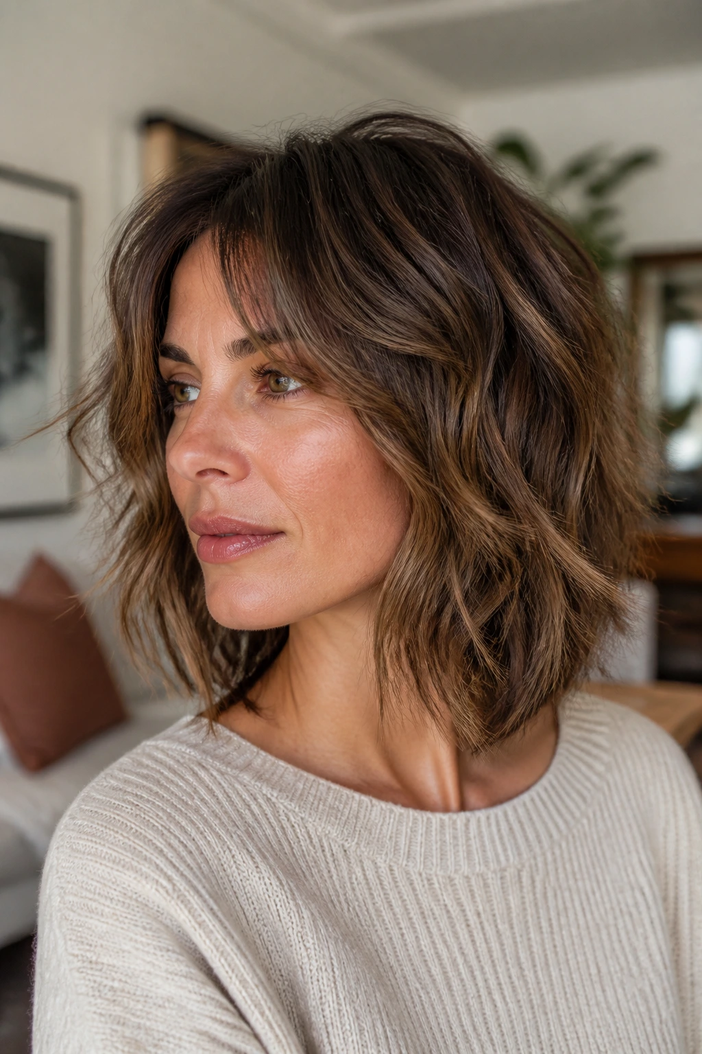 Close-up of a real woman with a shaggy layered Lob showing movement and texture