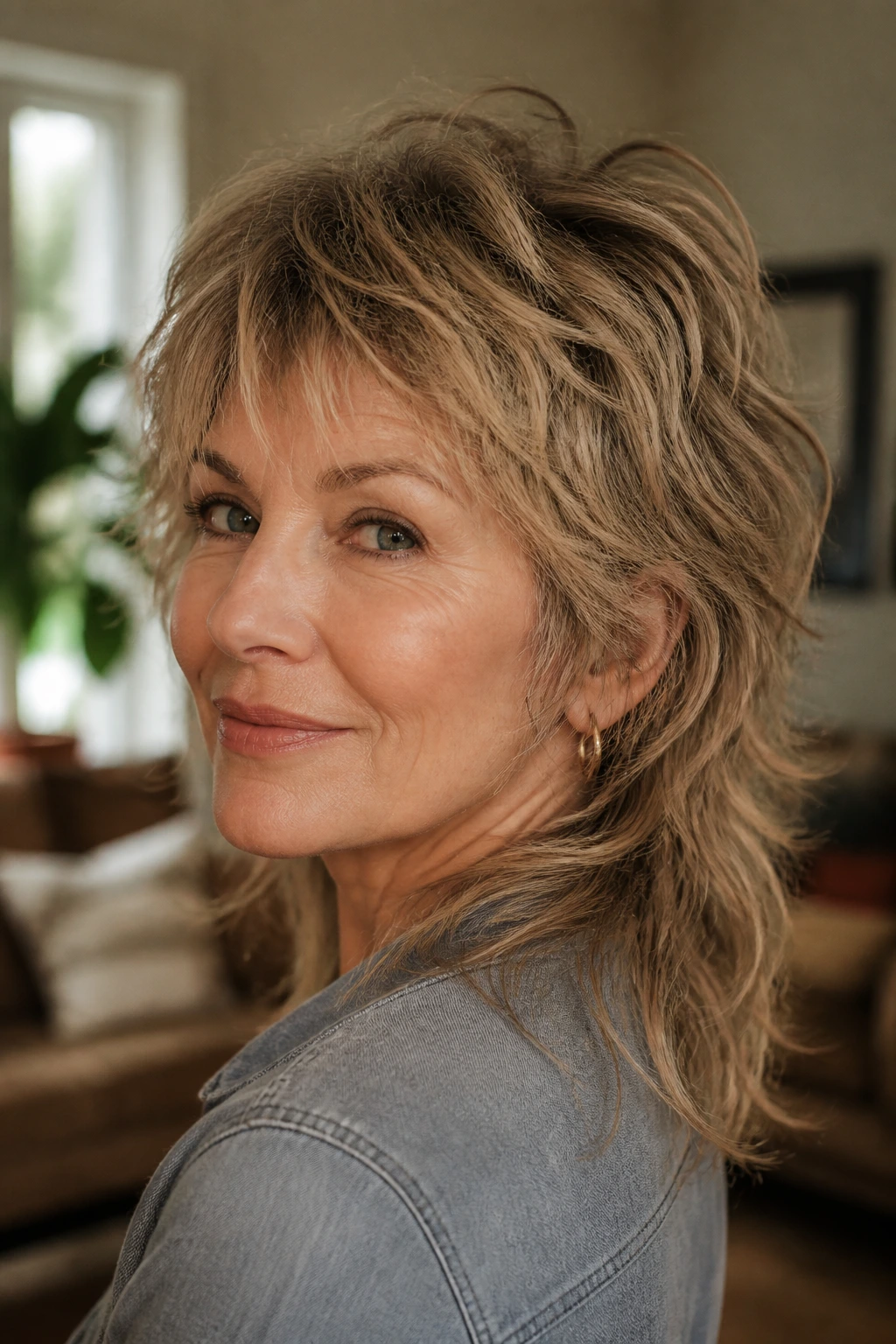Close-up of a real woman with a shaggy layered mullet in a cozy living room