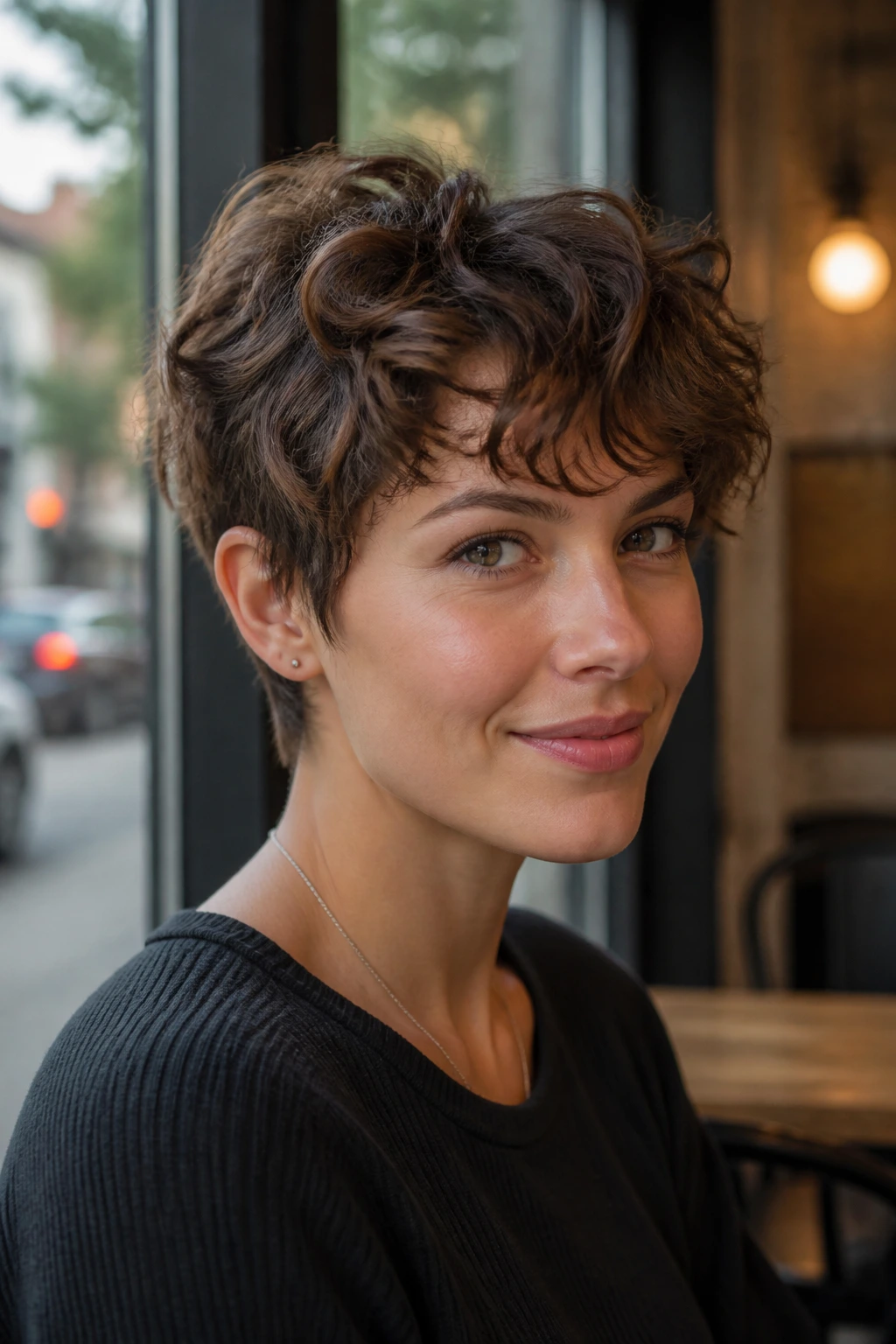 Close-up of Shaggy Layered Pixie hairstyle on a real woman in a sunny cafe