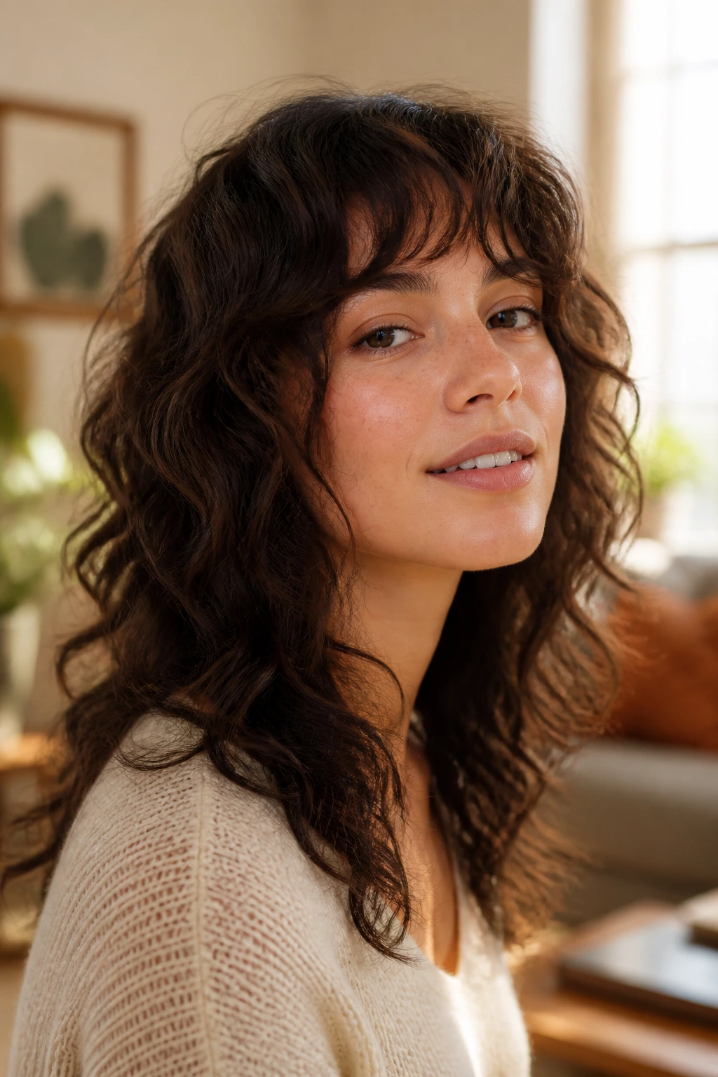 Real woman with shaggy layered wave cut.