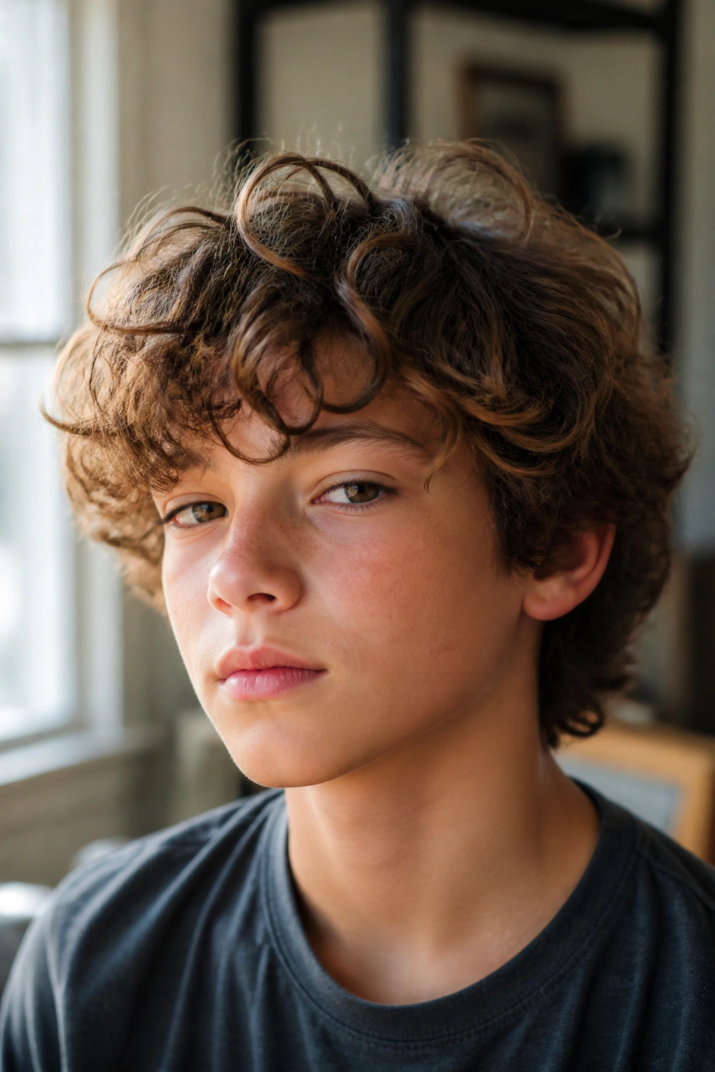 Close-up of a real boy with shaggy layers on loose curls