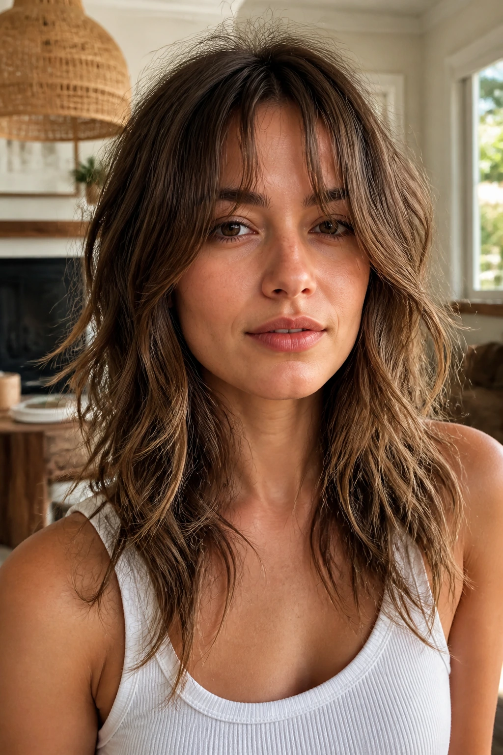 Portrait of a person with shaggy layers and piecey curtain bangs in a bright room