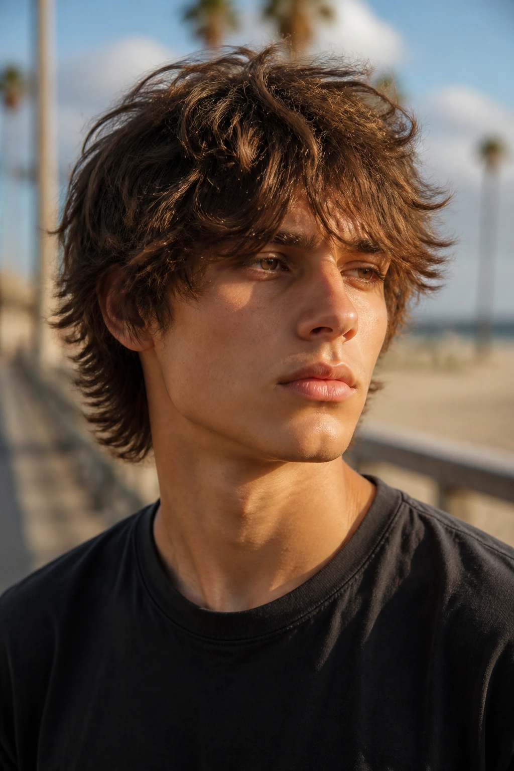 Portrait of a man with shaggy layered hair at the beach boardwalk