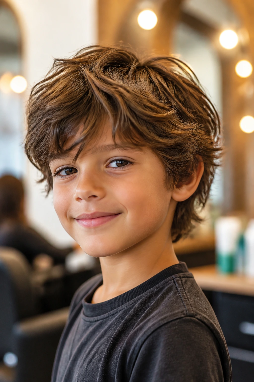 Close-up of real boy with shaggy layered haircut in warm salon lighting