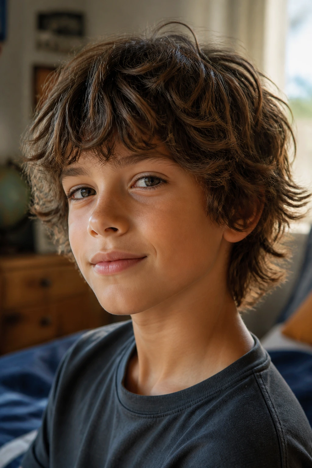 Close-up of a real boy's shaggy layered hairstyle with natural movement