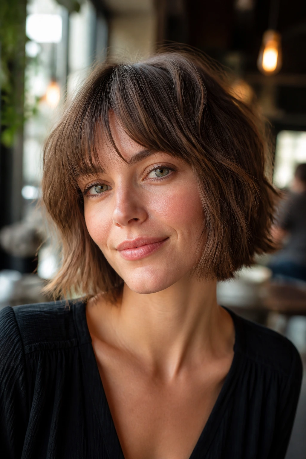 Close-up of a real woman with a shaggy lob and piecey bangs in a sunlit cafe
