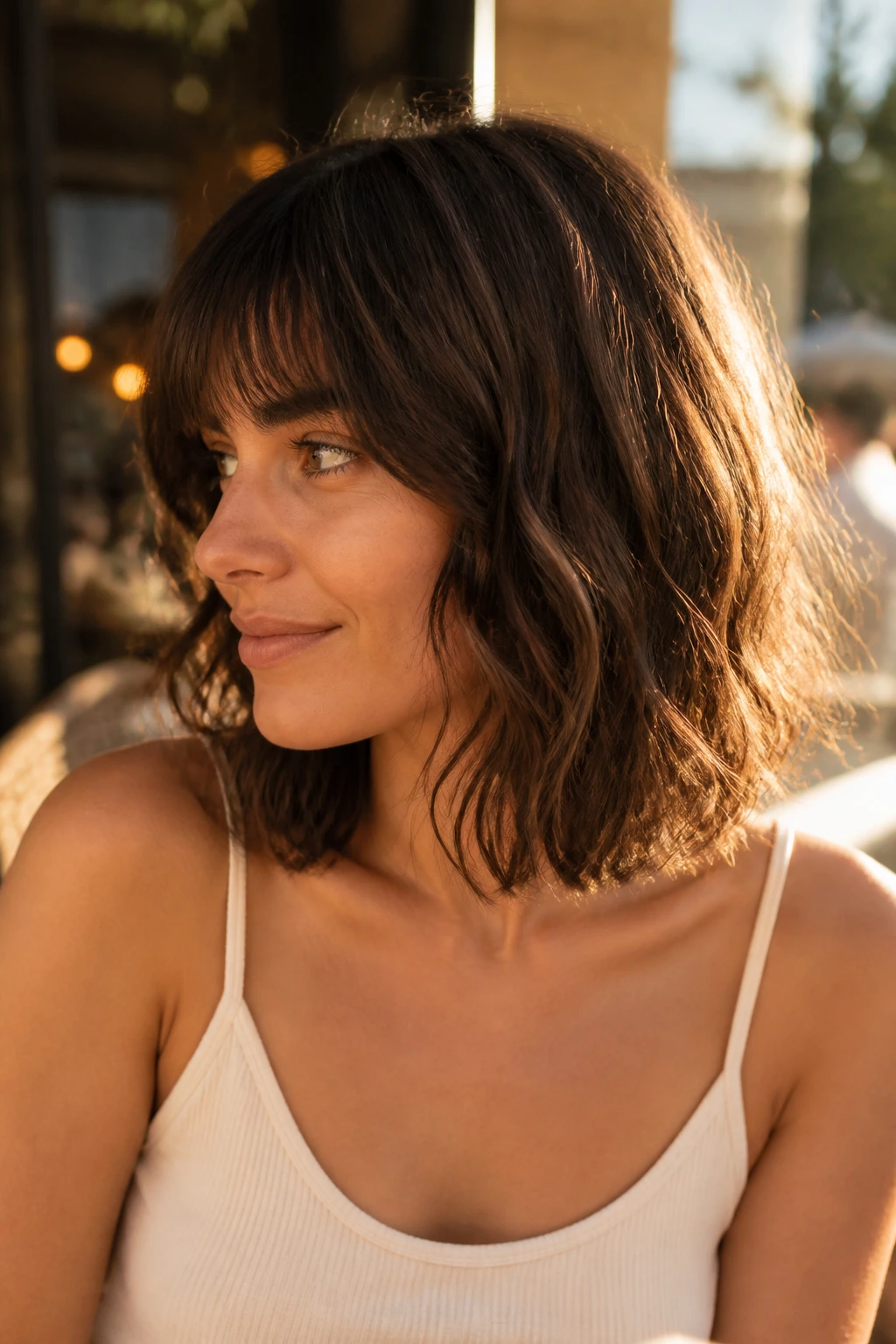 Brunette with collarbone-length shaggy lob in warm light
