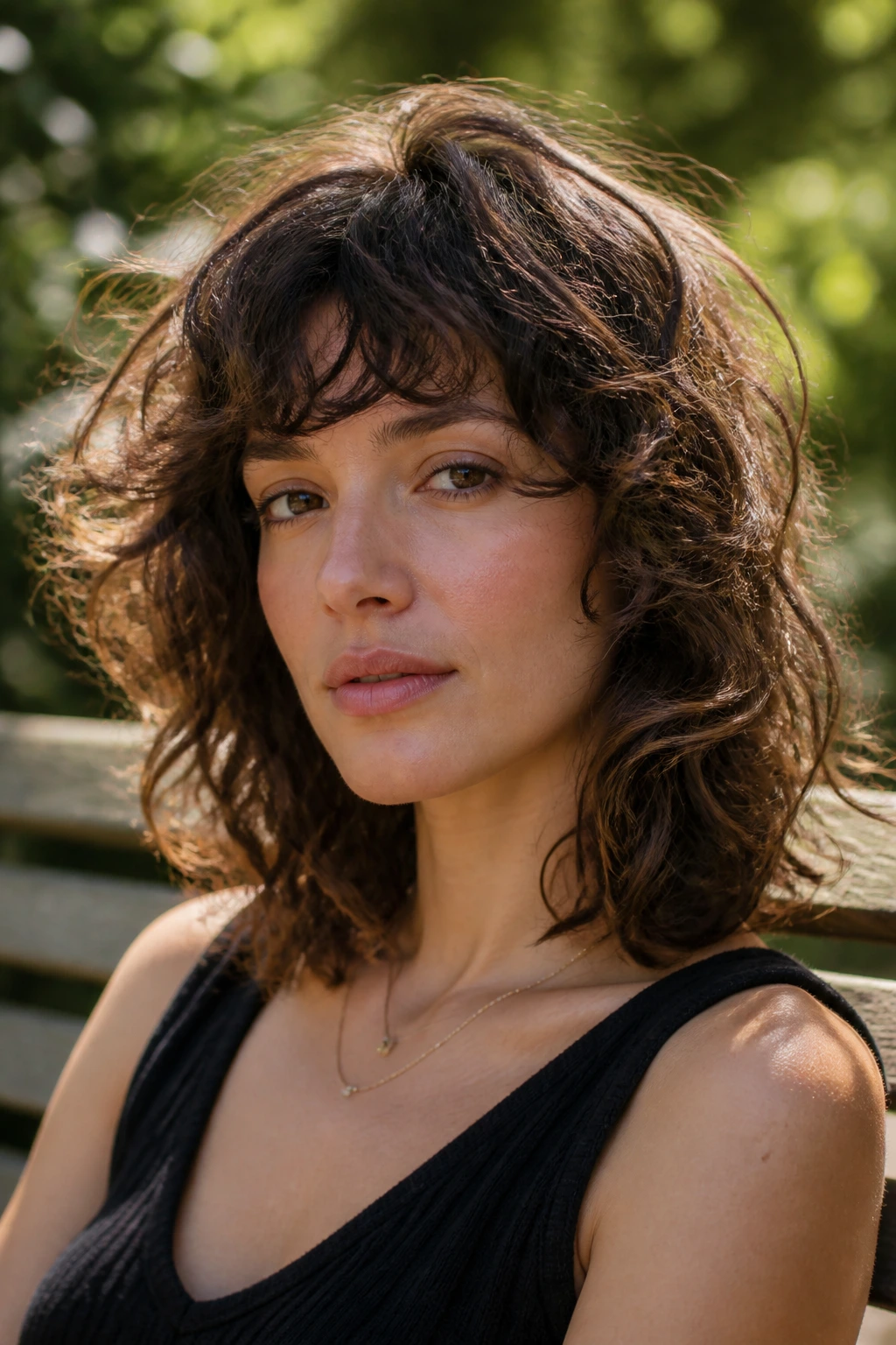 Real woman with shaggy lob hairstyle in an outdoor park setting