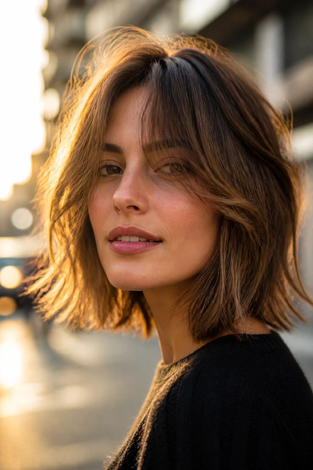 Close-up of a person with a shaggy lob and long curtain bangs in golden-hour light