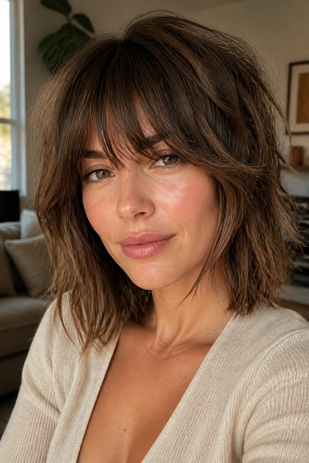 Close-up portrait of a woman with a shaggy lob and piecey bangs in warm light.