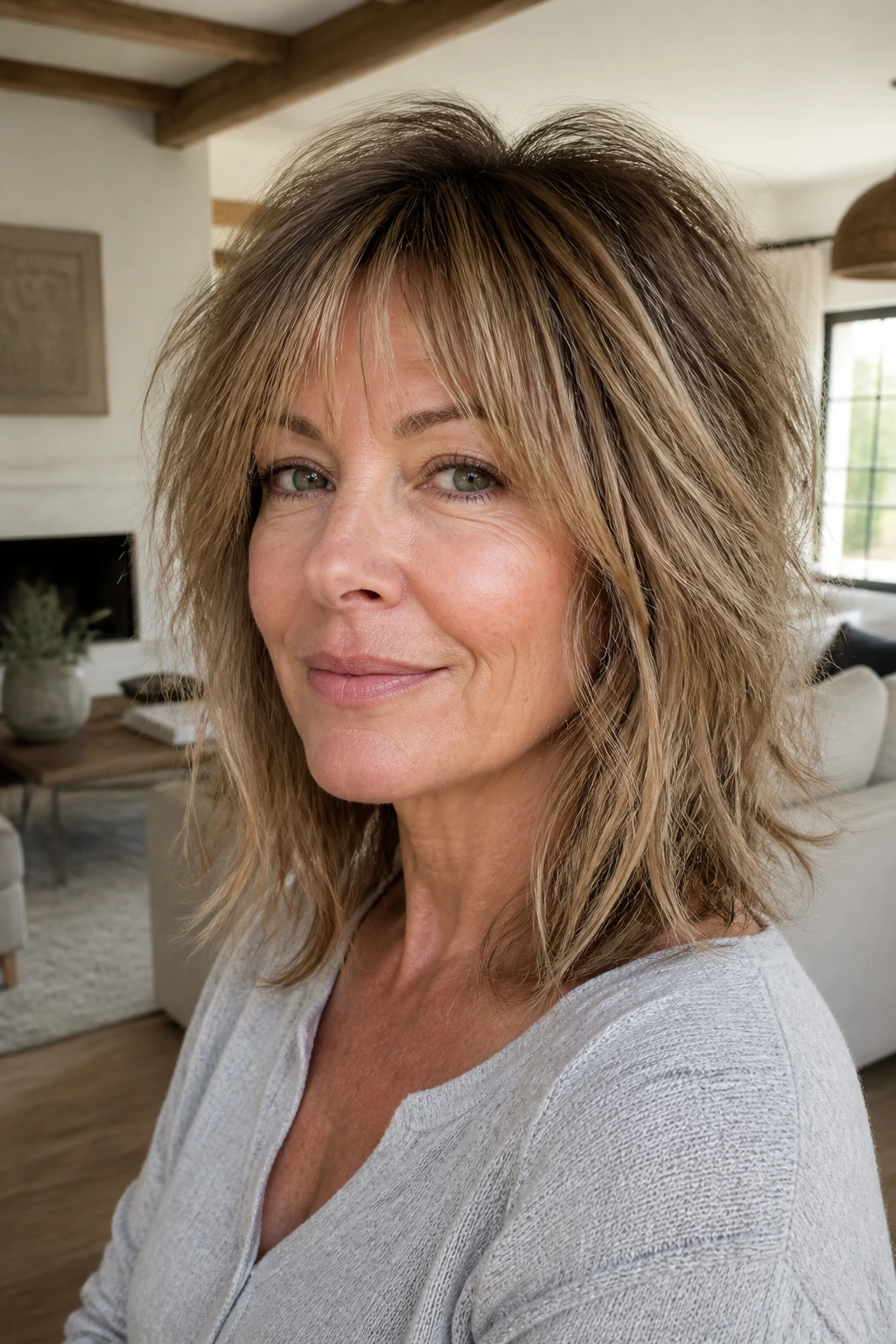 Real woman with shaggy lob showing soft crown lift in natural light