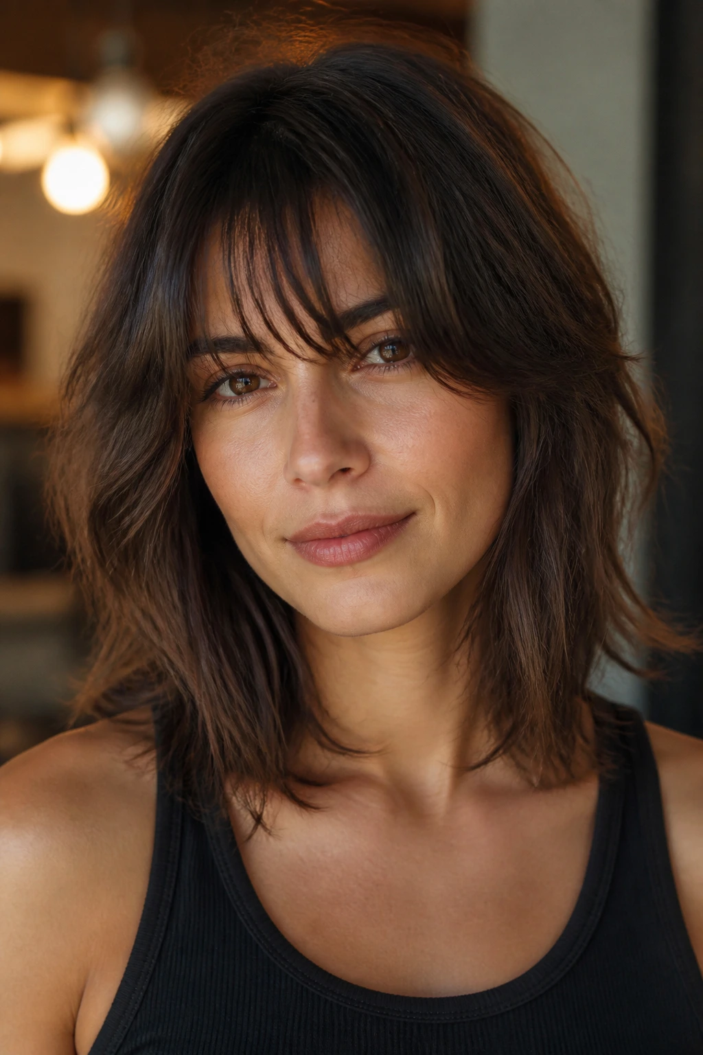 Close-up portrait of a real person with a shaggy lob, airy fringe and soft layers in warm lighting.