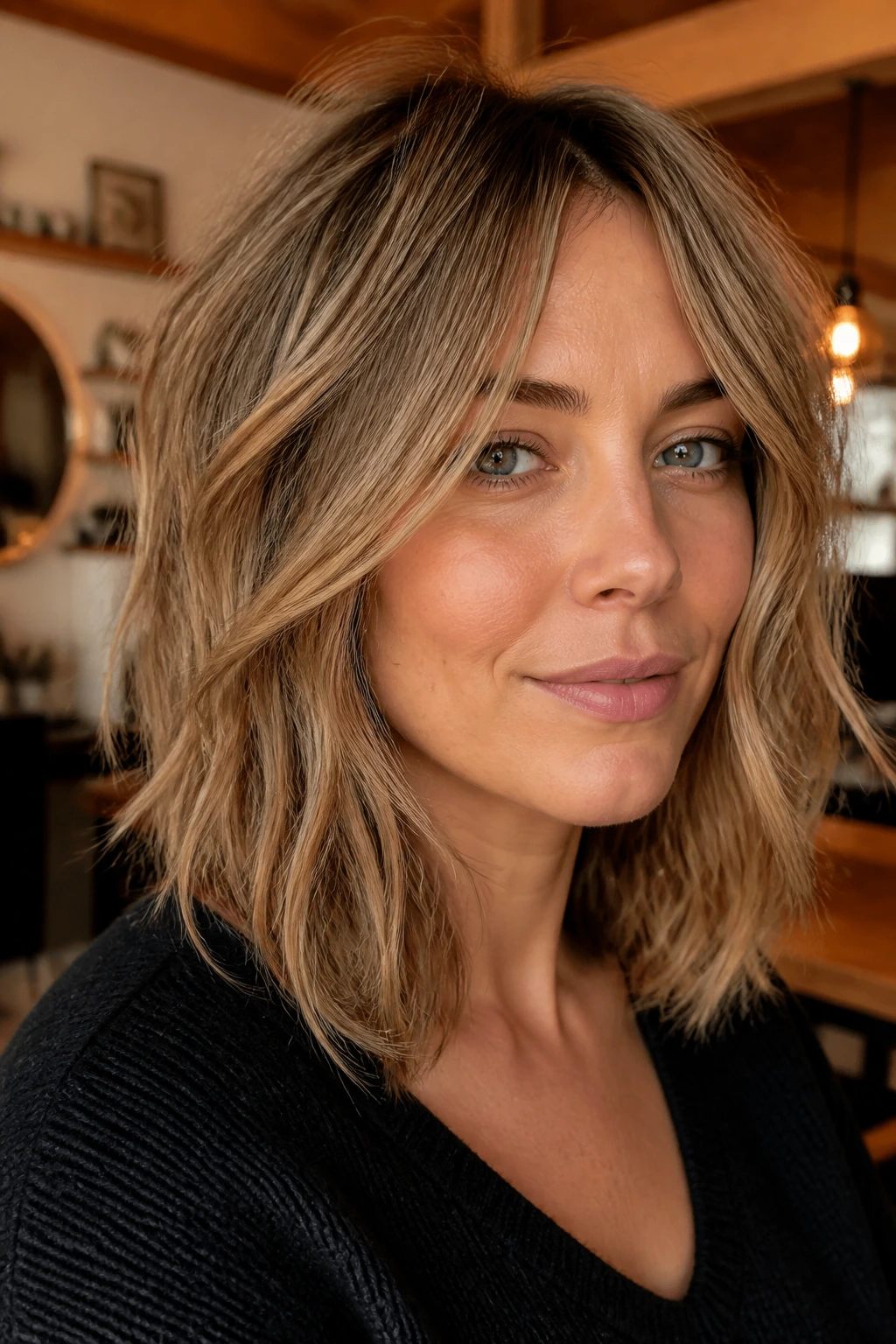 Close-up of real woman with shaggy wispy lob and soft layers.