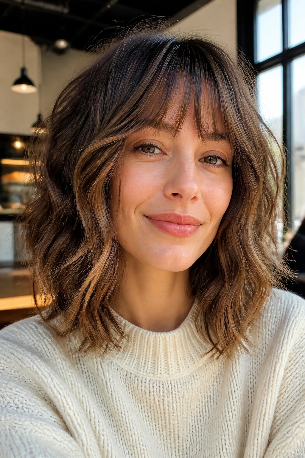 Real person with shaggy lob and wispy bangs