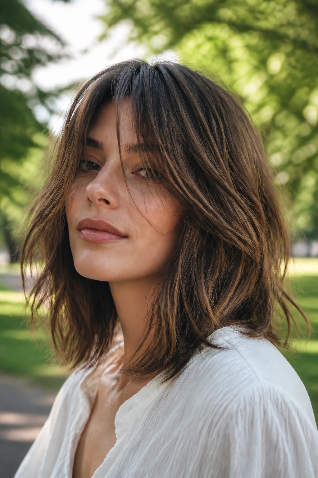 Close-up portrait of a real woman with shaggy long-layer lob in a park setting