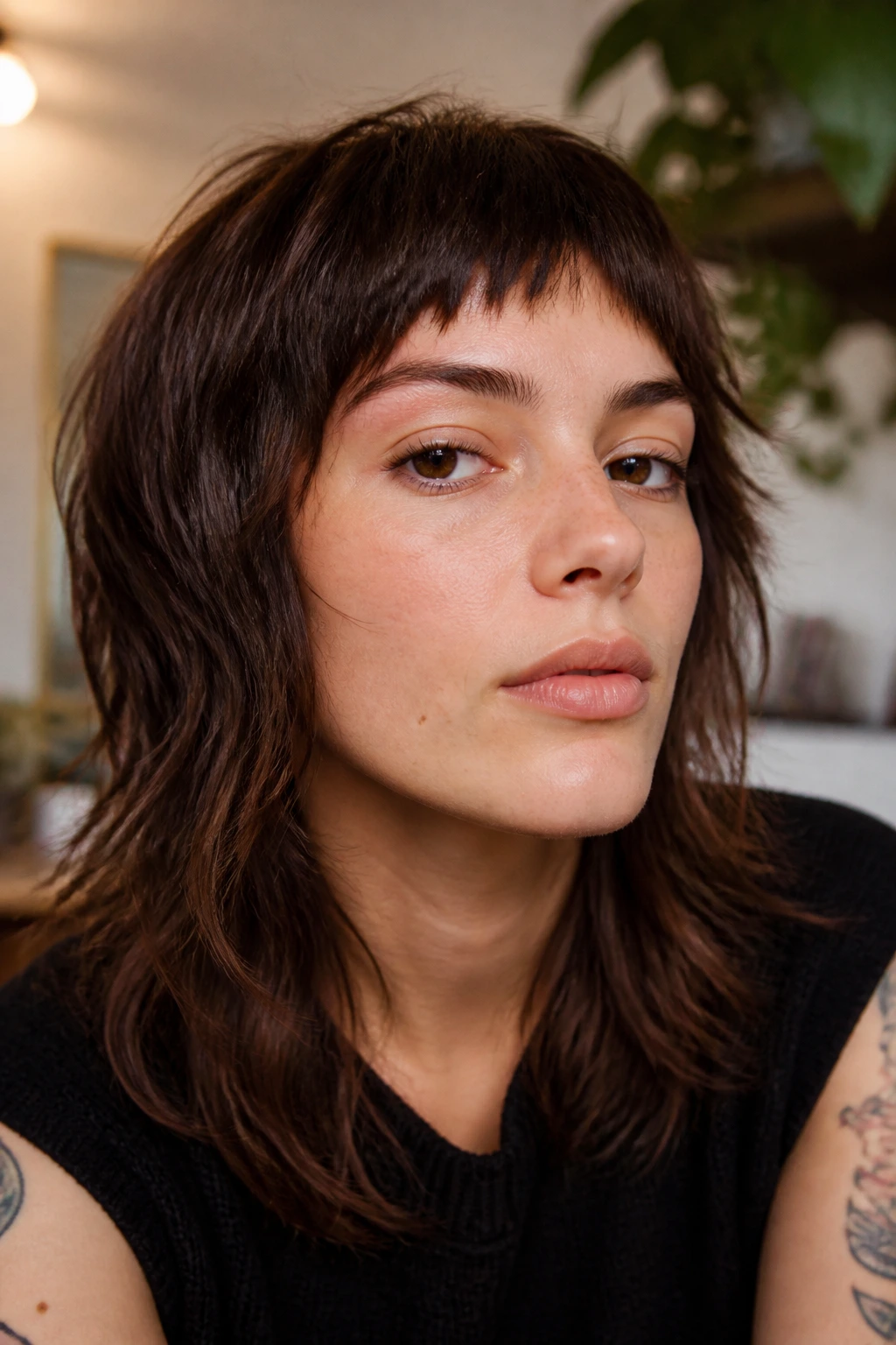 Real woman with shaggy micro bangs and textured layers