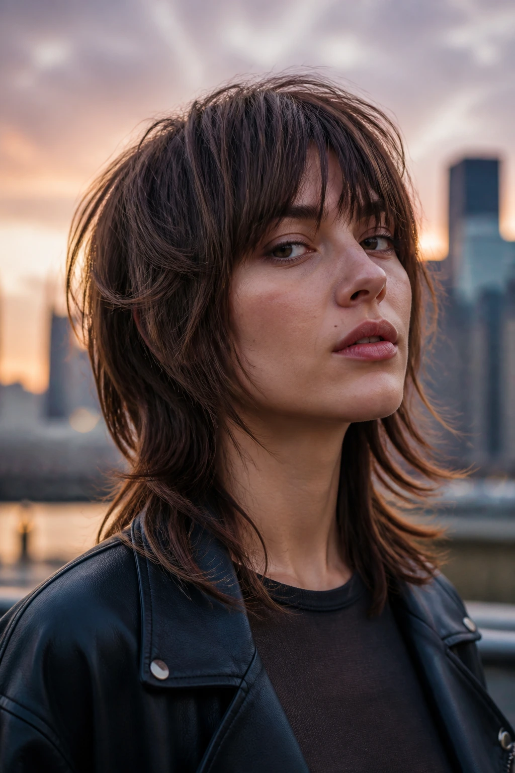 Real person with shaggy midi waves and soft mullet energy in an urban setting