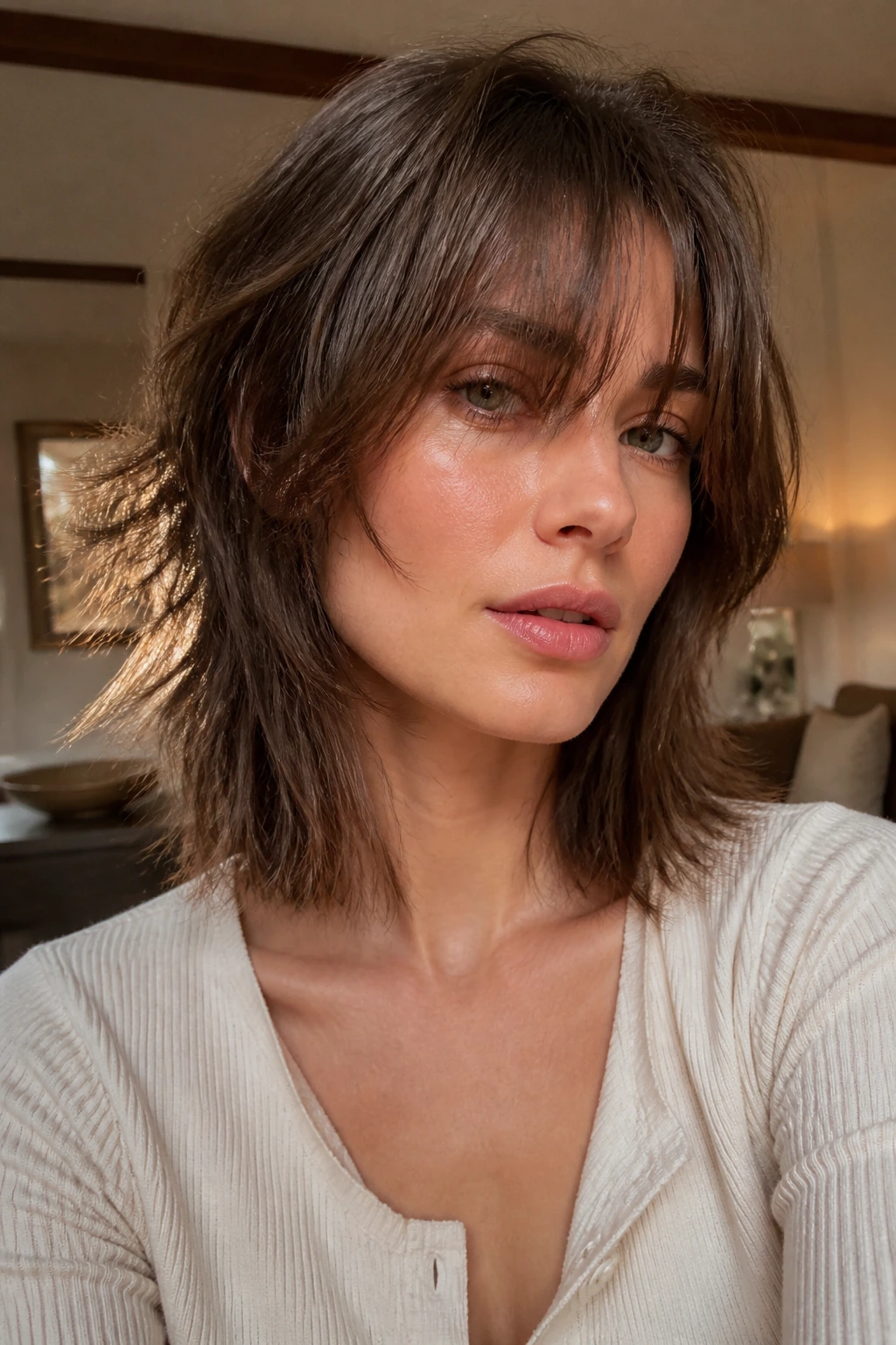 Portrait of woman with shaggy midi haircut and razored ends