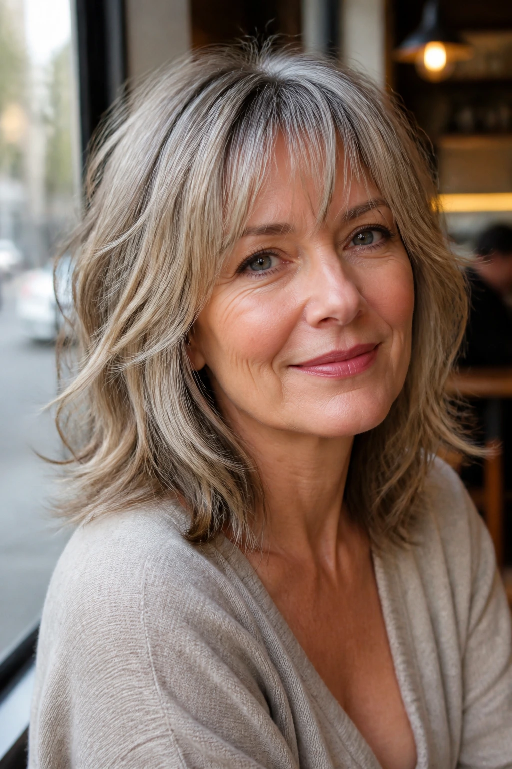 Close-up of a real woman with a shaggy midi cut and wispy bangs