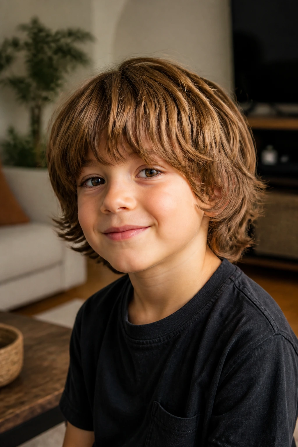 Child with shaggy mop cut showing built-in movement in a cozy room