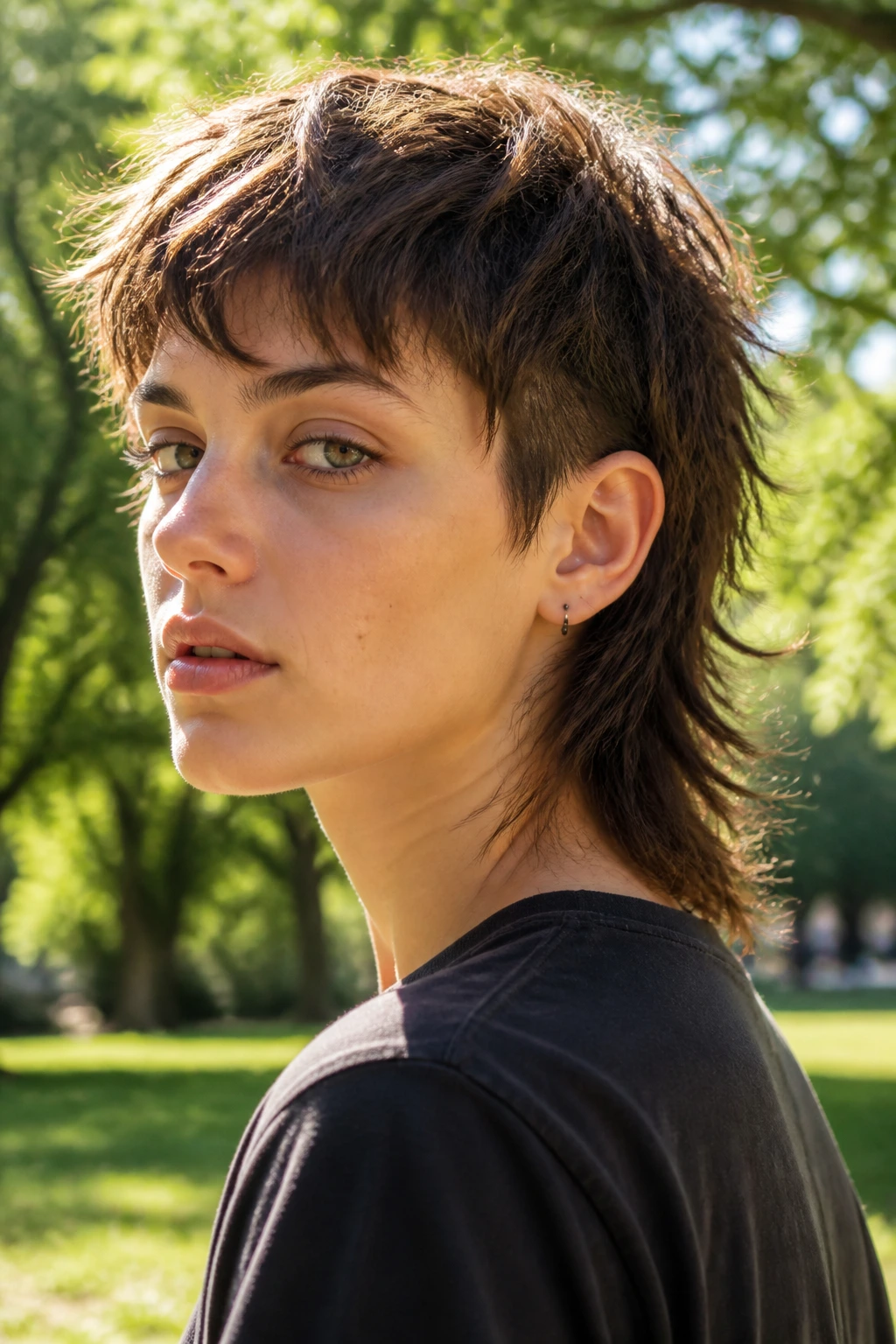 Close-up portrait of a real person with a shaggy mullet crop outdoors