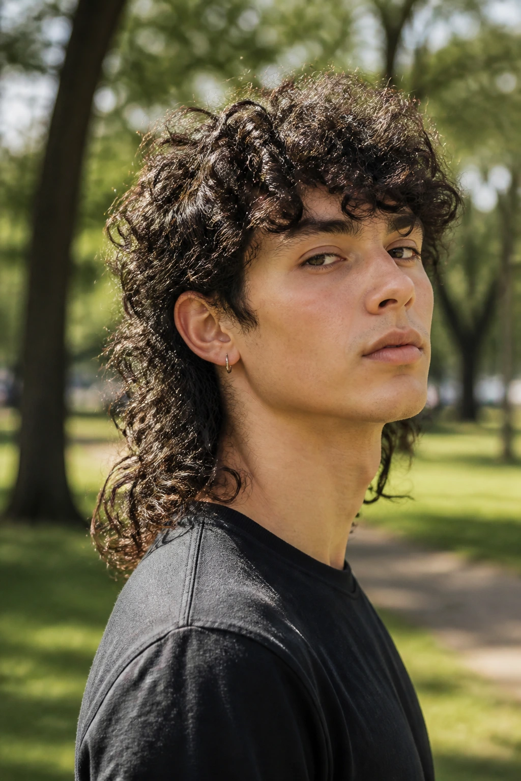 Three-quarter portrait of a real person with shaggy mullet and defined curls