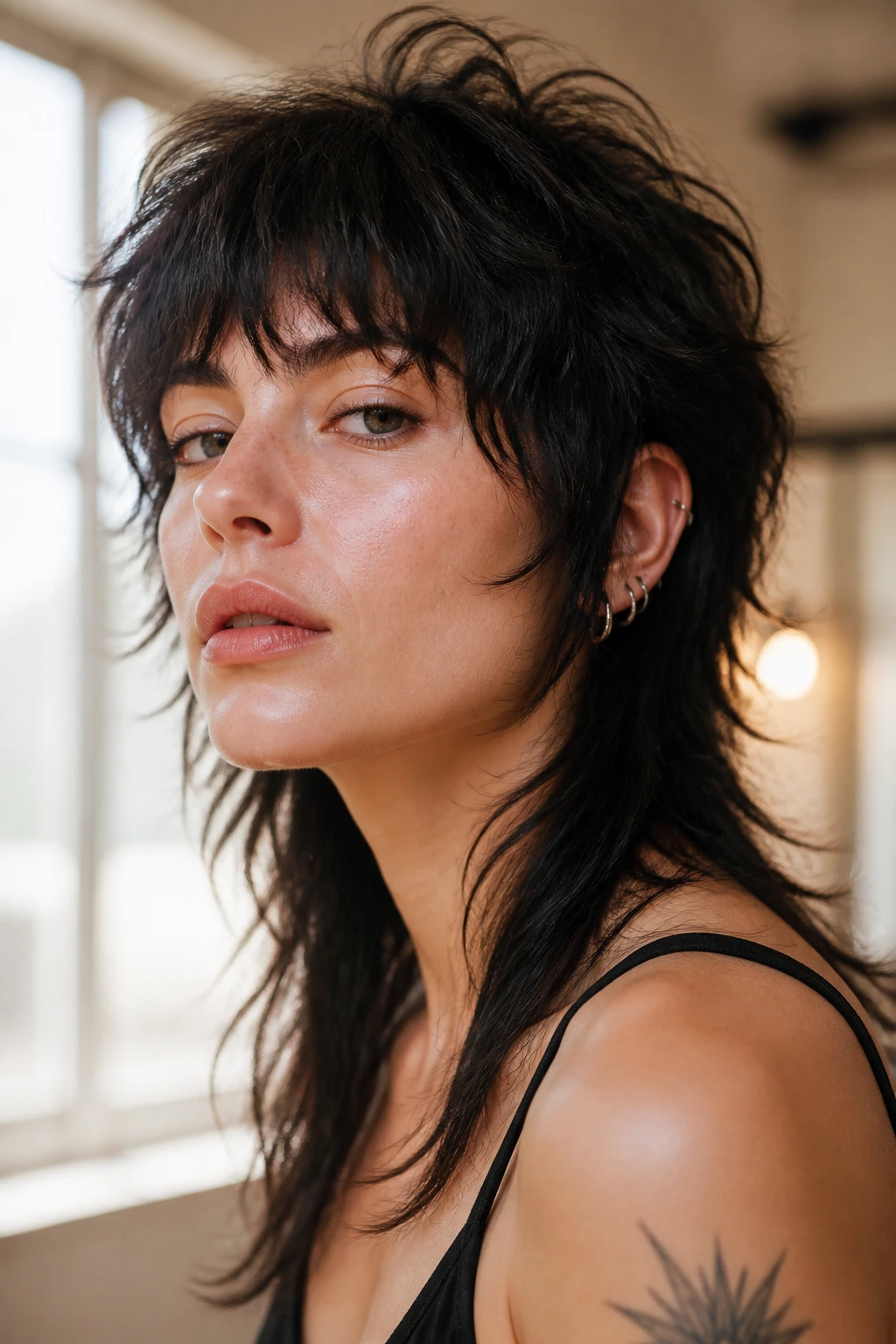 Close-up portrait of a real woman with a shaggy mullet showing airy crown and longer back