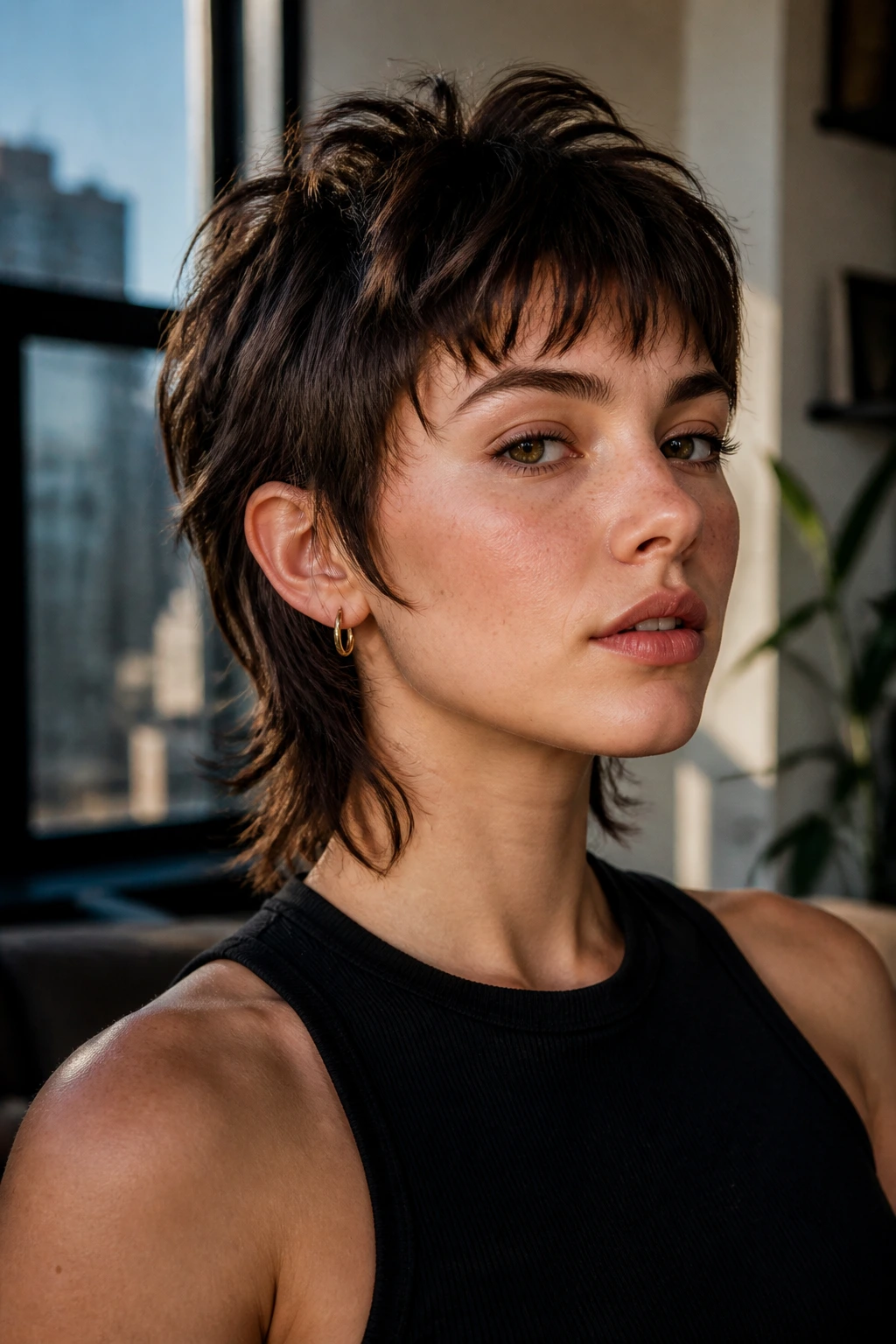 Portrait showing short shaggy mullet layers with crown lift and longer nape.