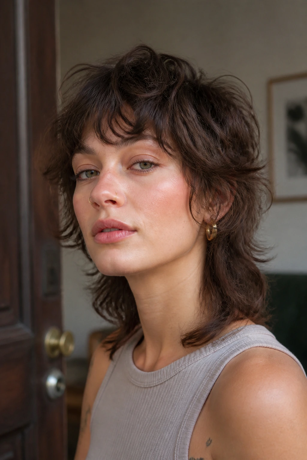 Real woman sporting a shaggy mullet lite with soft layered texture