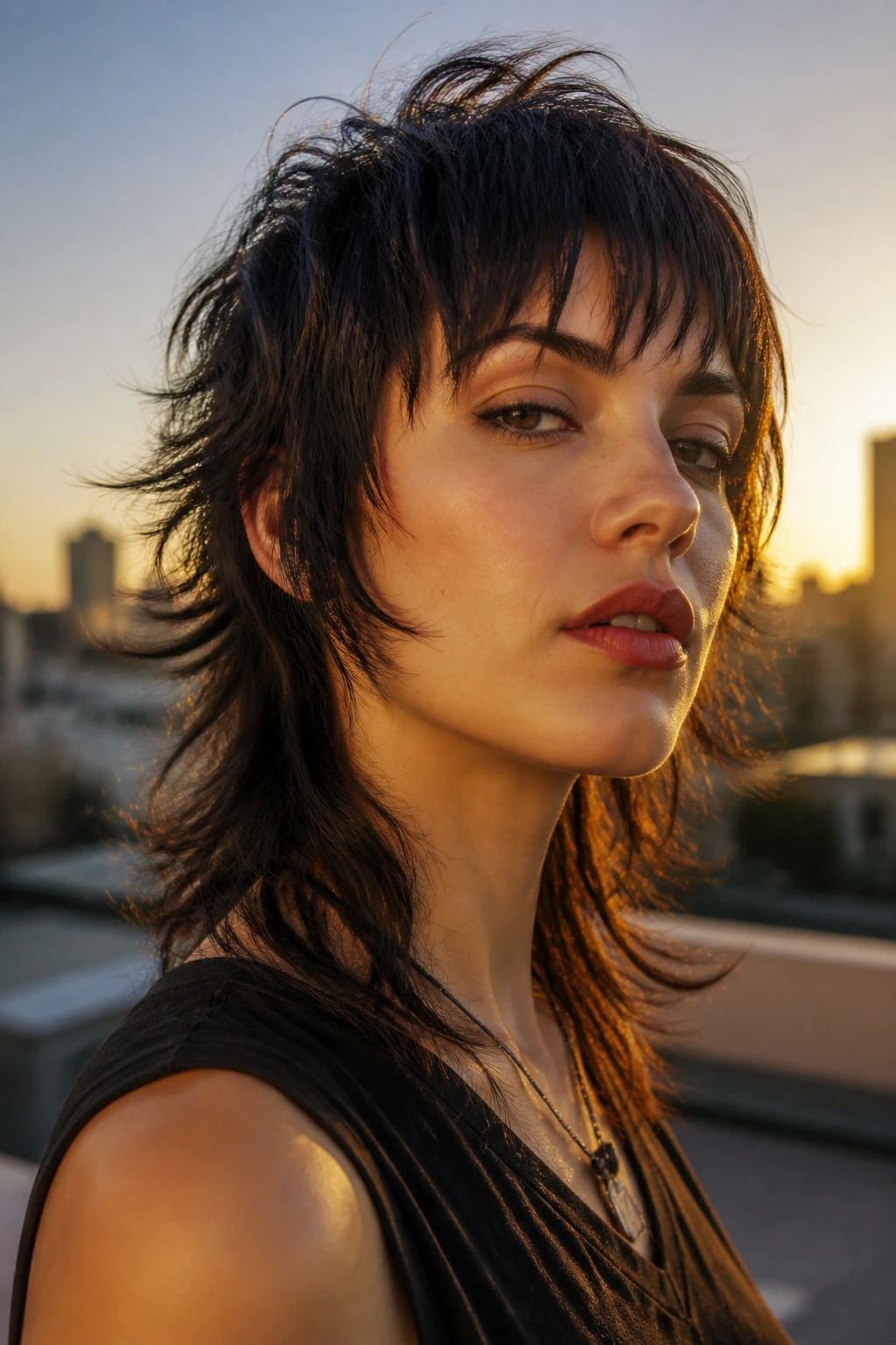 Portrait of a person with a shaggy mullet and piecey bangs.
