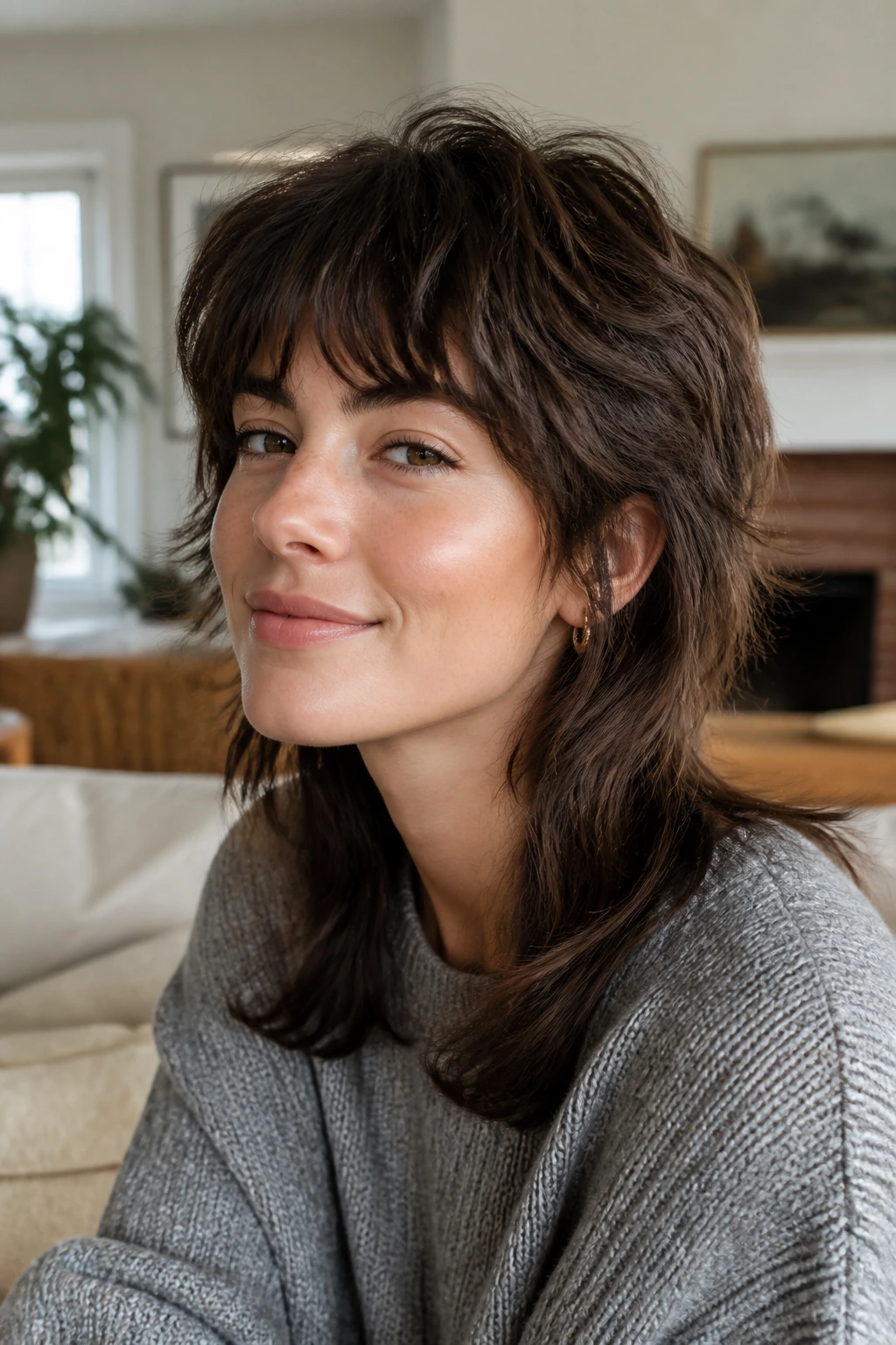 Portrait of a woman with shaggy air-dry mullet featuring lift at the crown and relaxed back swing.