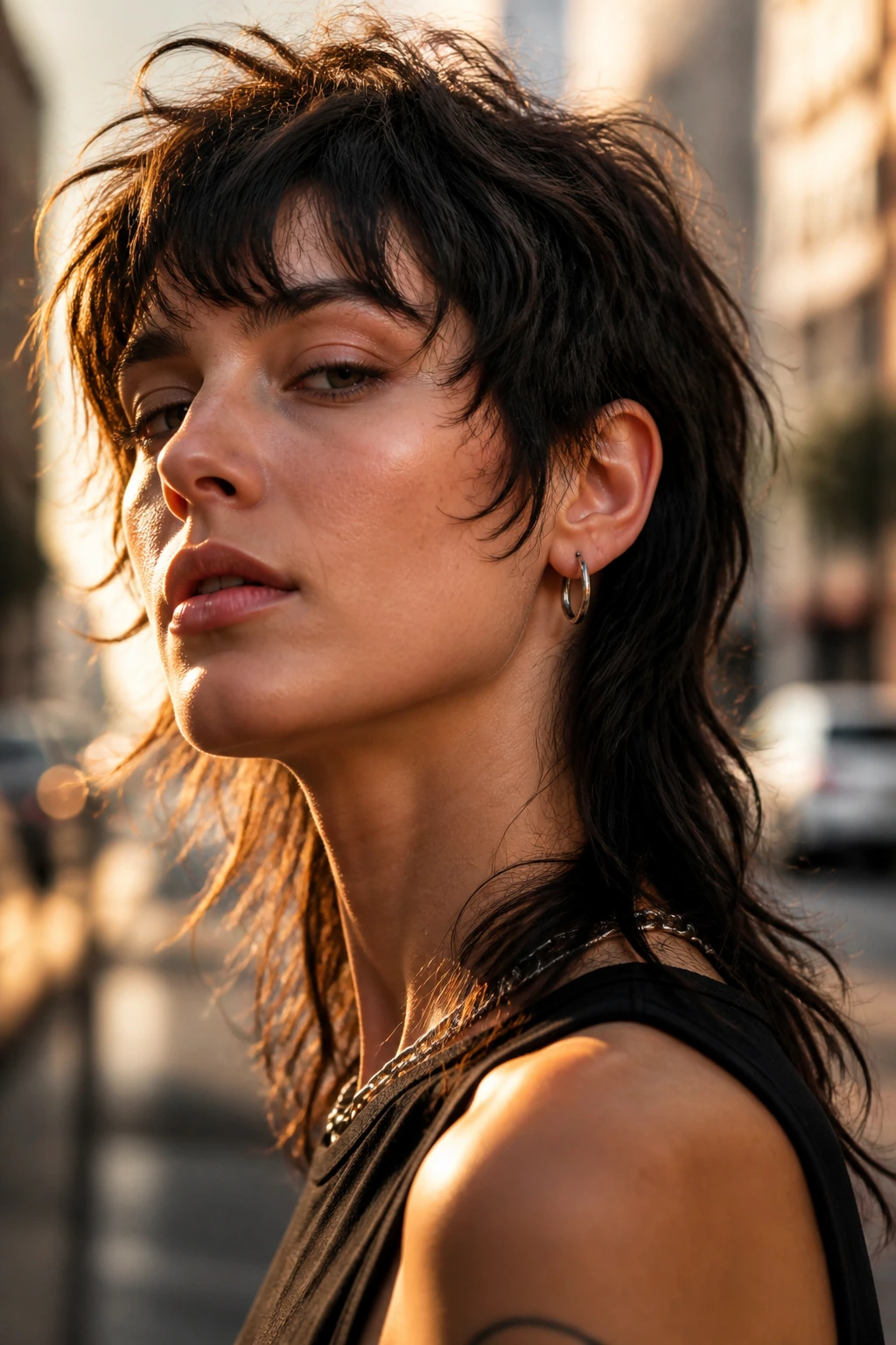 Close-up portrait of a real woman with a dramatic shaggy mullet showing range in length and texture on a city street