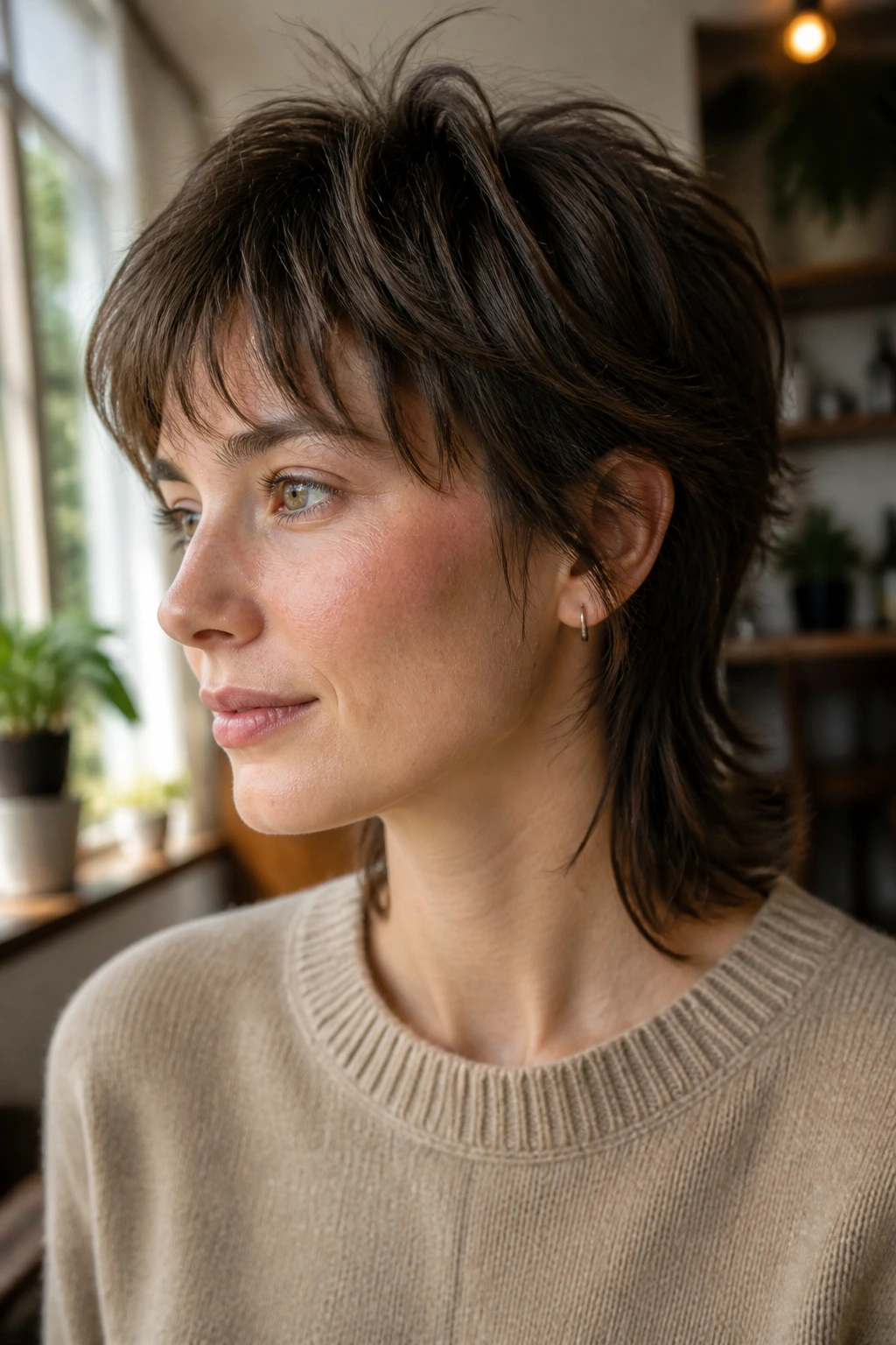 Close-up of real person with Short Shaggy Mullet featuring a soft neck length in natural light