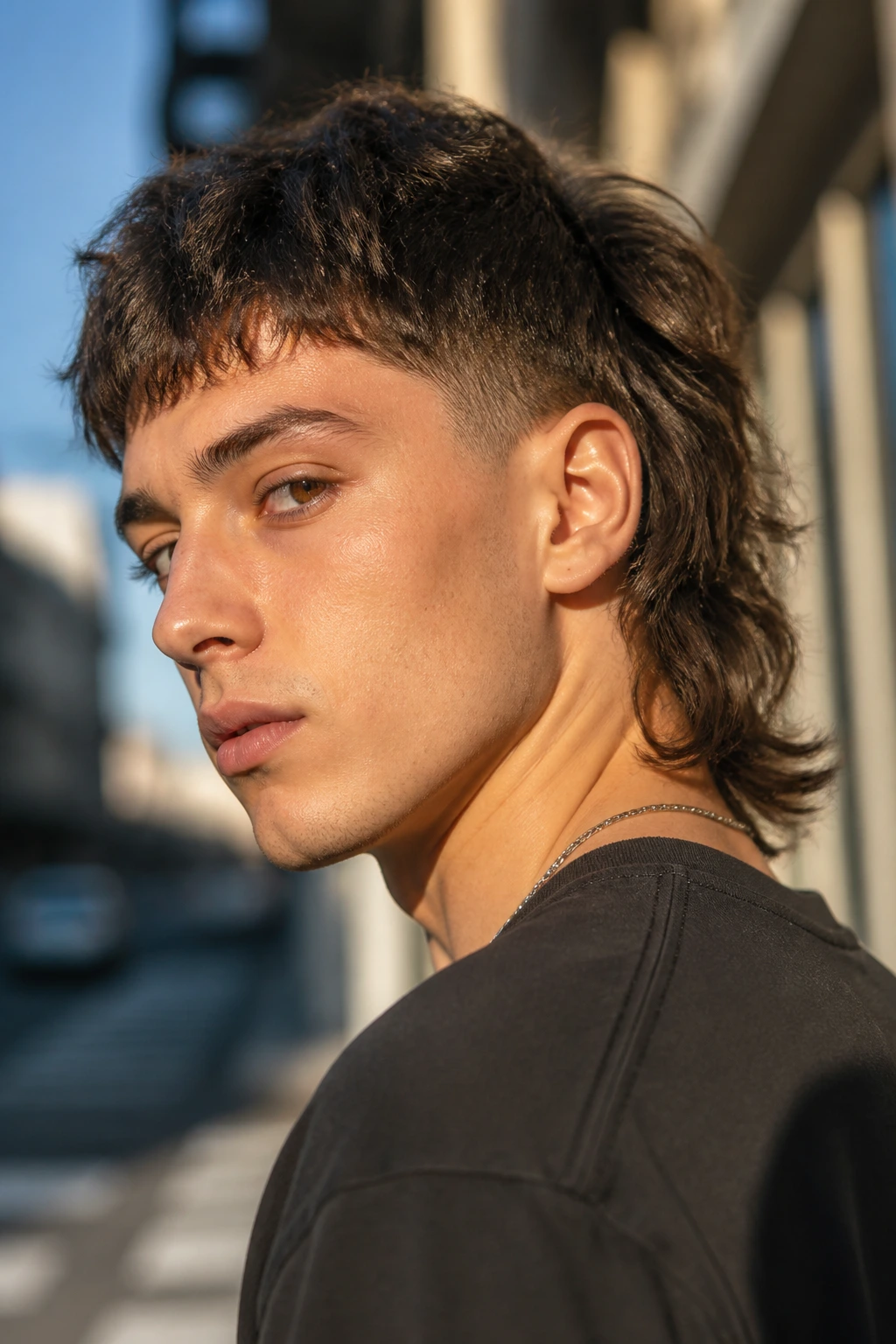 Portrait of a real person with a shaggy mullet and undercut