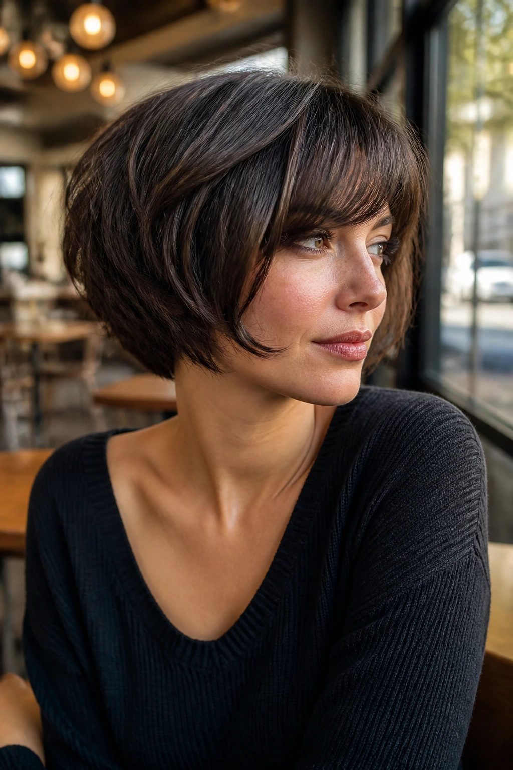 Close-up real person with shaggy pageboy and soft fringe in a cafe setting