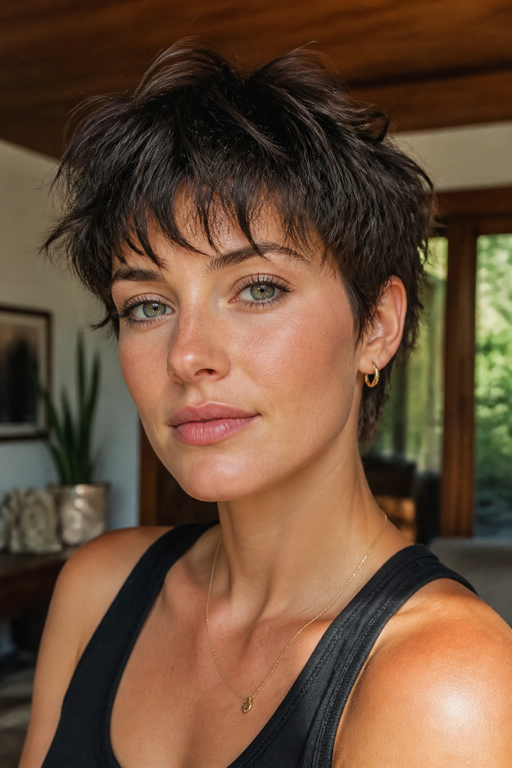 Real woman with shaggy air-dried pixie, textured fringe and tousled crown.
