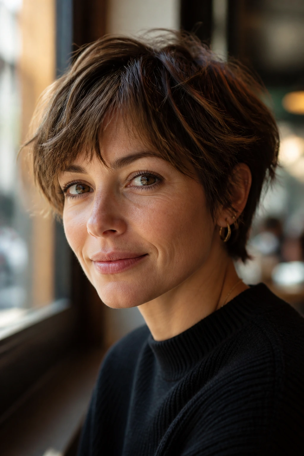 Close-up portrait of a woman with a shaggy pixie bob in warm cafe light