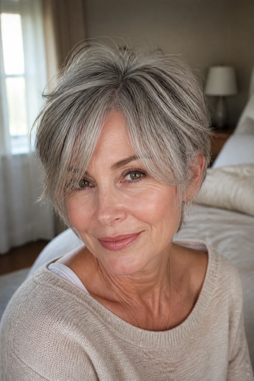 Real woman with shaggy pixie bob and curtain bangs portrait