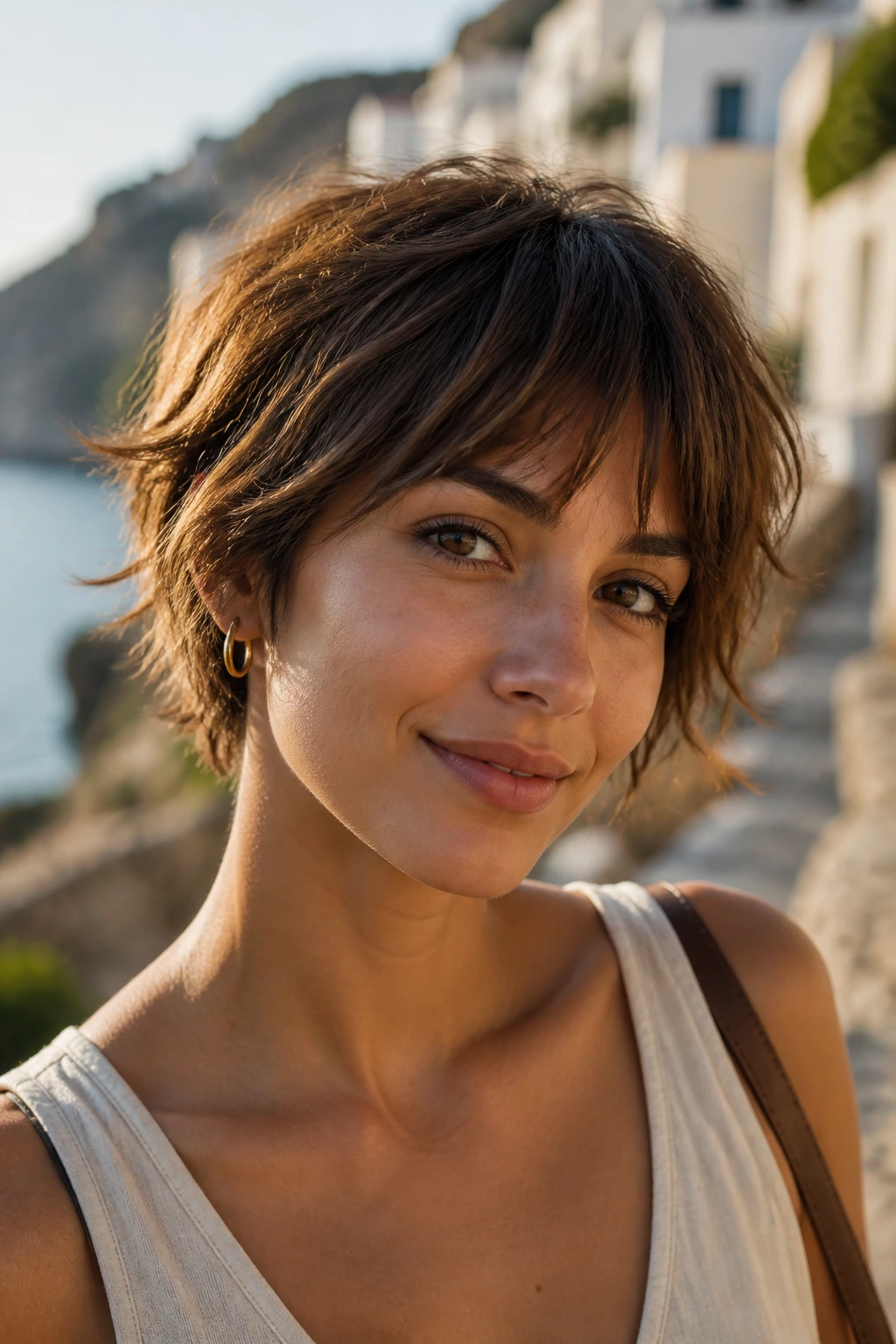 Portrait of a real woman with shaggy pixie bob and piecey fringe.
