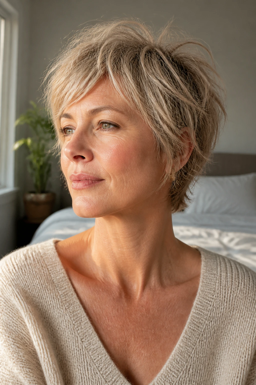Close-up portrait of a real woman with an airy shaggy pixie bob and crown lift in natural window light