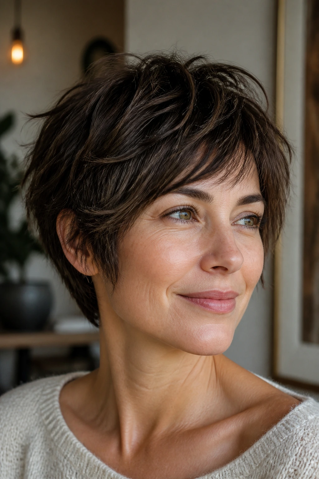 Portrait of a woman with shaggy pixie bob and textured layers