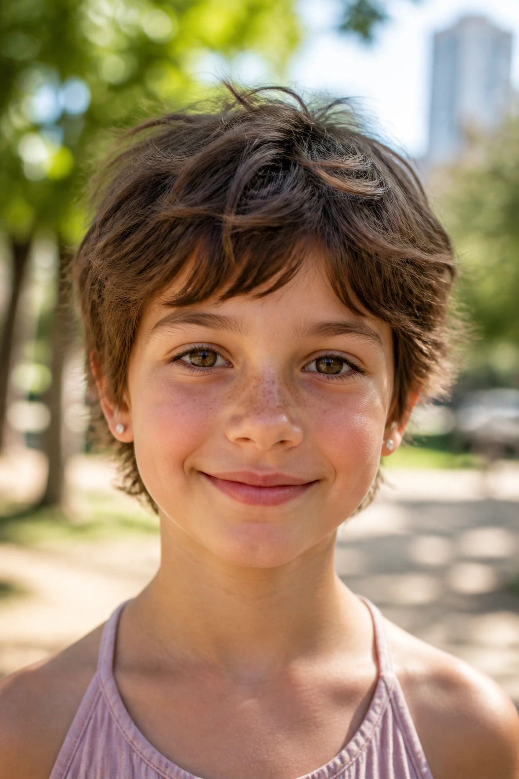 Close-up of a girl with a shaggy pixie and textured layers.
