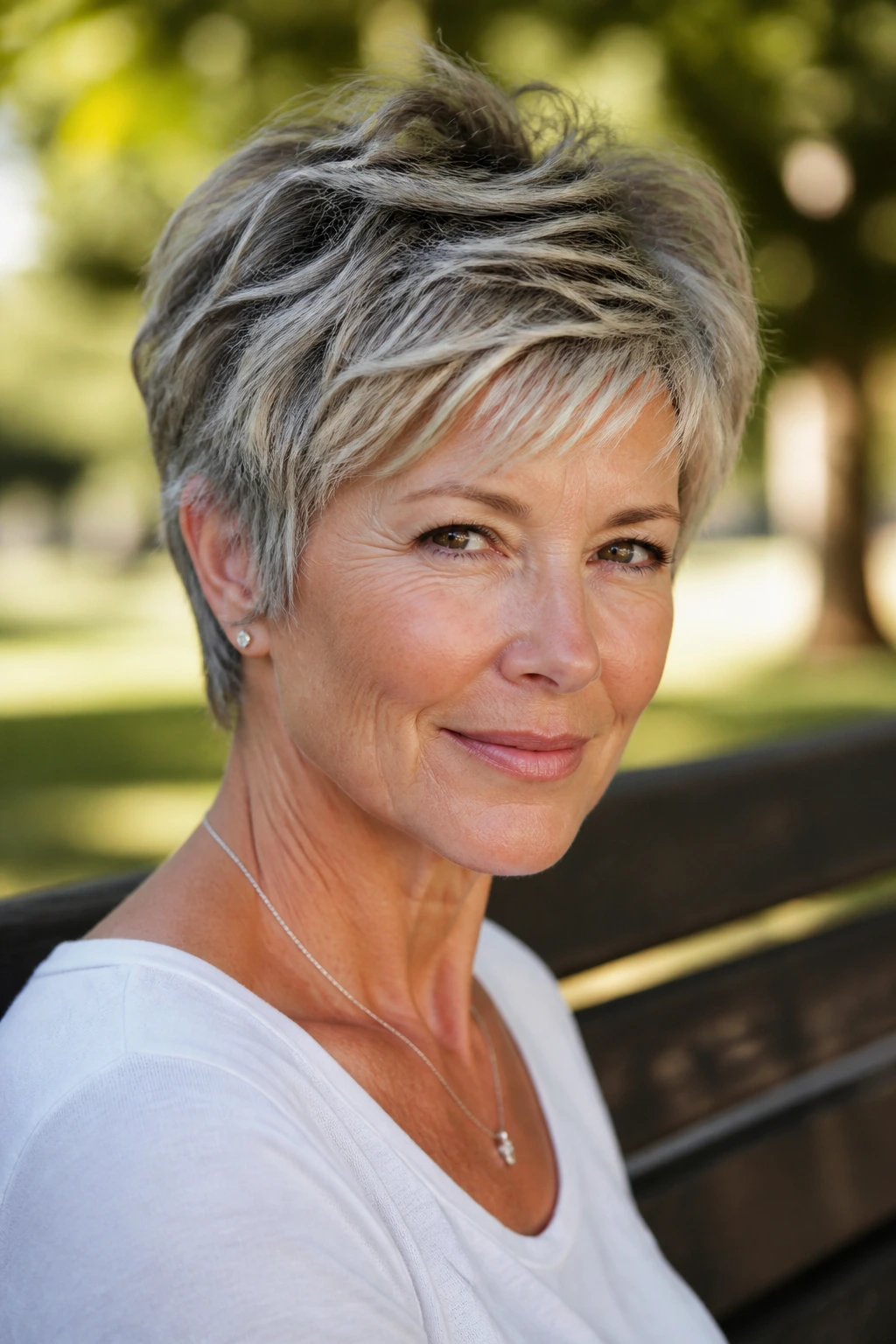 Close-up of a real woman with a shaggy pixie crop and textured layers