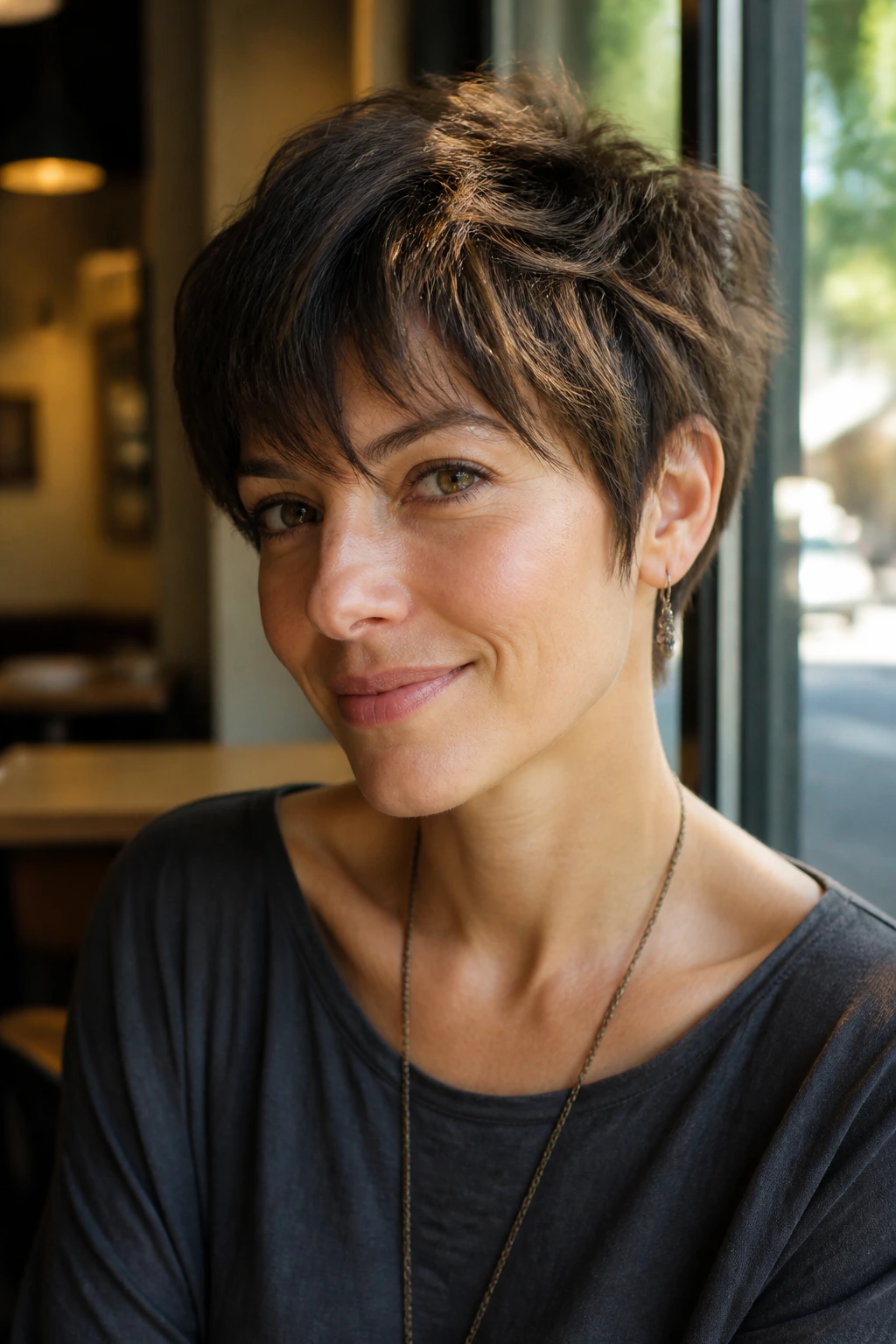 Real woman with shaggy pixie crown layers in sunlit cafe lighting.