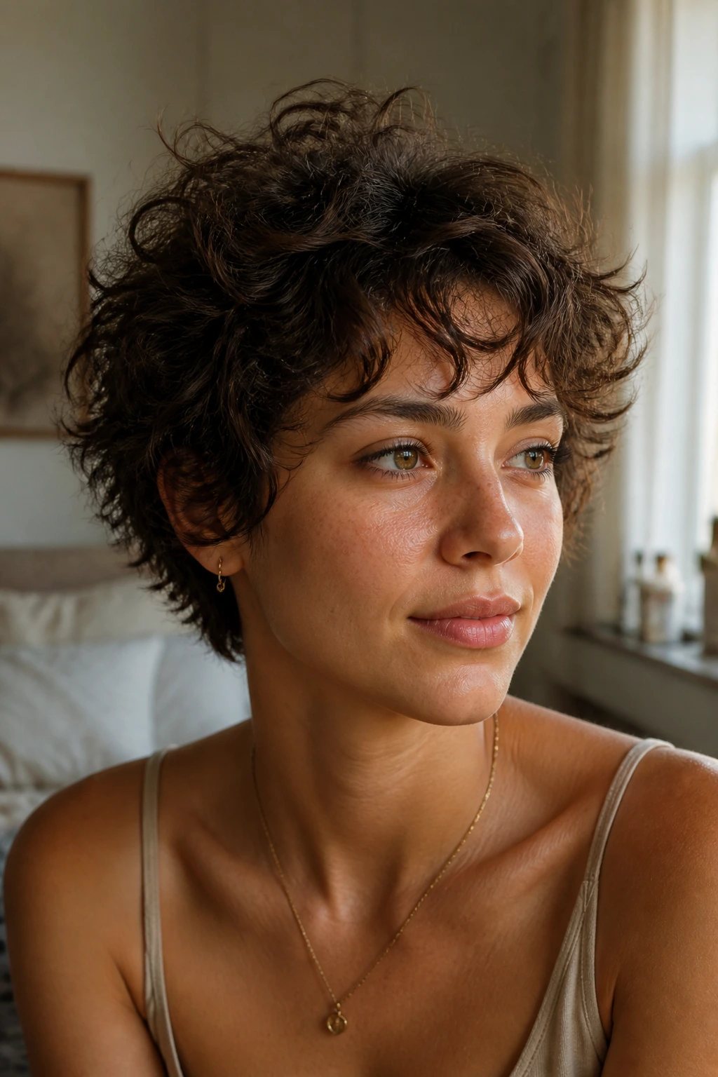 Close-up portrait of a real woman with a shaggy curly pixie in warm bedroom light