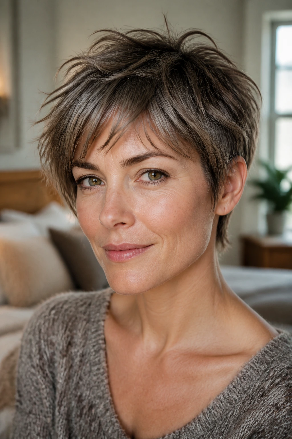 Close-up of a real woman with a soft shaggy pixie cut, wispy ends and feathered bangs in natural window light