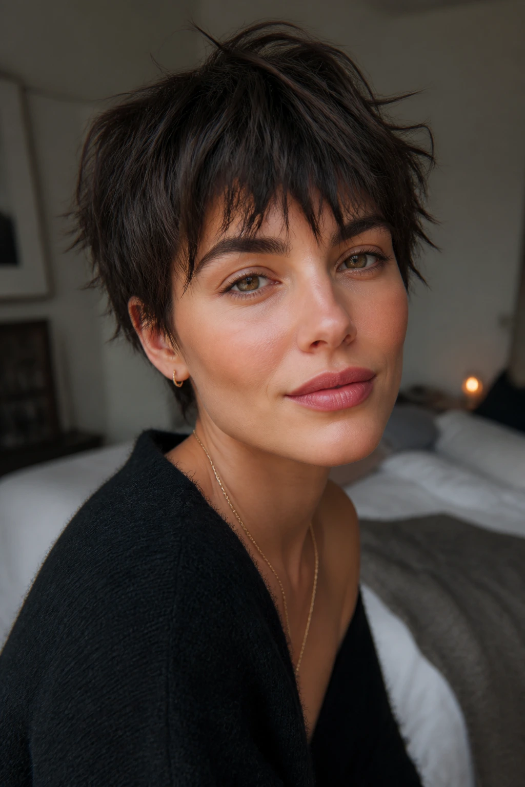 Close-up portrait of a real woman with shaggy pixie cut in natural window light