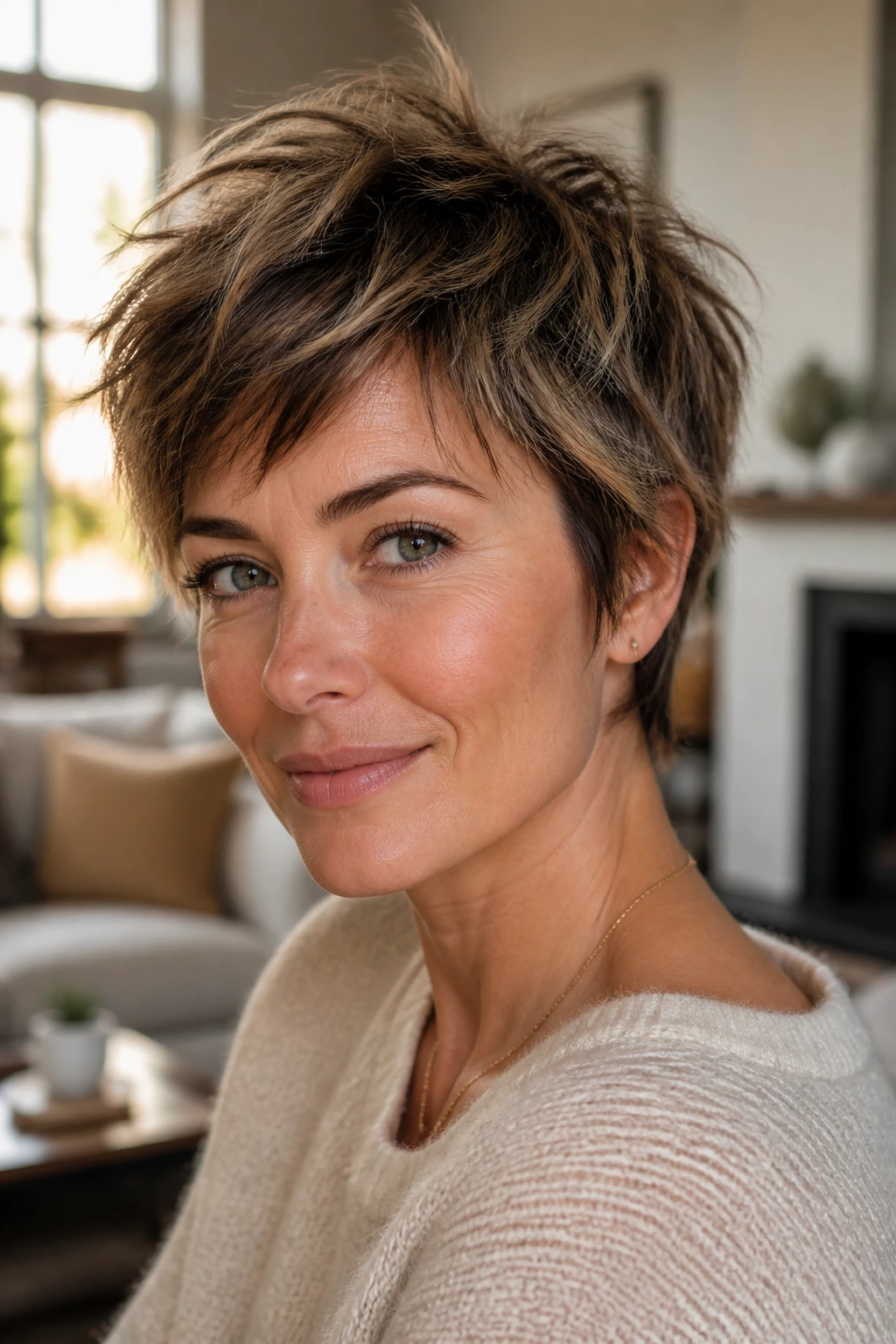 Close-up portrait of a real woman with a shaggy pixie haircut showing uneven layers and loose texture in natural daylight.
