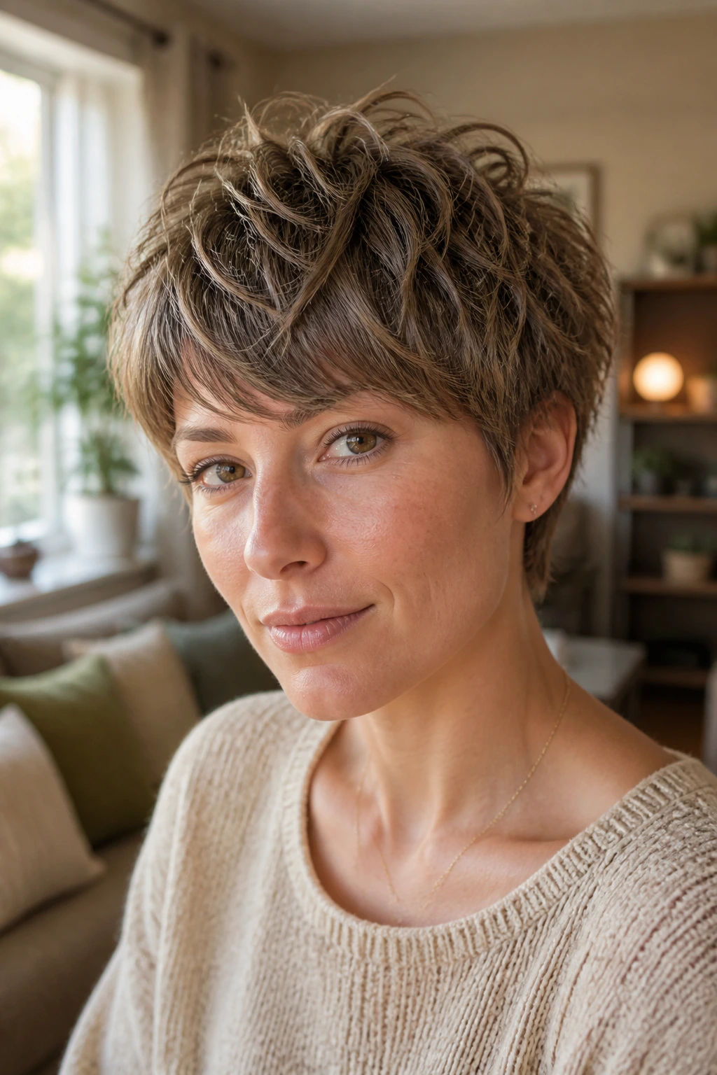 Close-up portrait of a real woman with a shaggy pixie haircut featuring layered crown and fringe in warm natural light